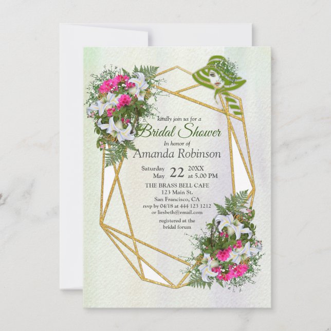 Invitación Purpurina de oro Flor Bouquet Bridal Shower (Anverso)