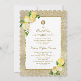 Invitación Purpurina de oro Flor de limón Primera Comunión