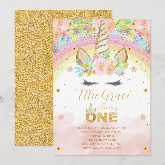 Invitación Purpurina de oro Floral 1er cumpleaños Unicornio (Anverso / Reverso)