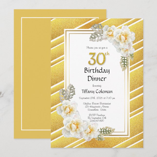 Invitación Purpurina de oro Floral 30 cumpleaños Fiesta de ce (Anverso / Reverso)