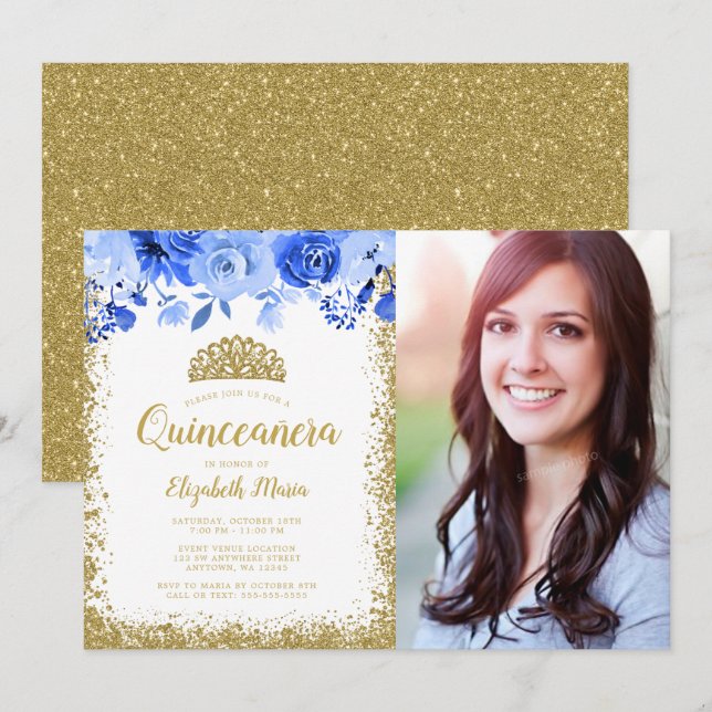 Invitación Purpurina de oro floral azul Tiara Quinceane Foto (Anverso / Reverso)