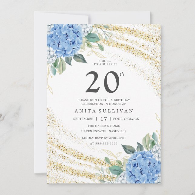 Invitación Purpurina de oro Floral Azul Veinte cumpleaños (Anverso)