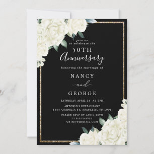 Invitación Purpurina de oro Floral Black 50th Boda Aniversari
