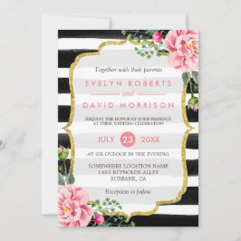 Invitación Purpurina de oro Floral Black Stripes Boda
