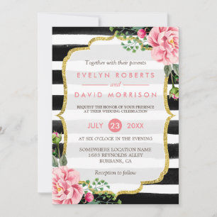 Invitación Purpurina de oro Floral Black Stripes Boda