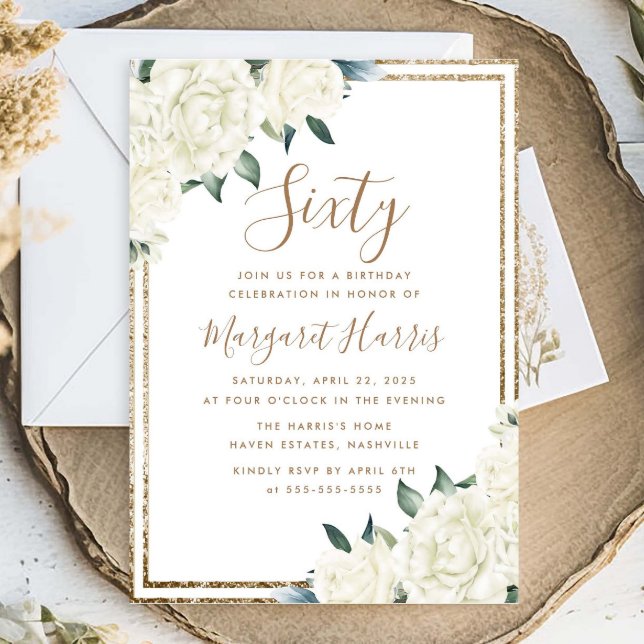 Invitación Purpurina de oro Floral Blanca 60 Aniversario (Subido por el creador)