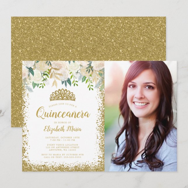 Invitación Purpurina de oro floral blanca Tiara Quinceanera F (Anverso / Reverso)