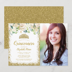 Invitación Purpurina de oro floral blanca Tiara Quinceanera F