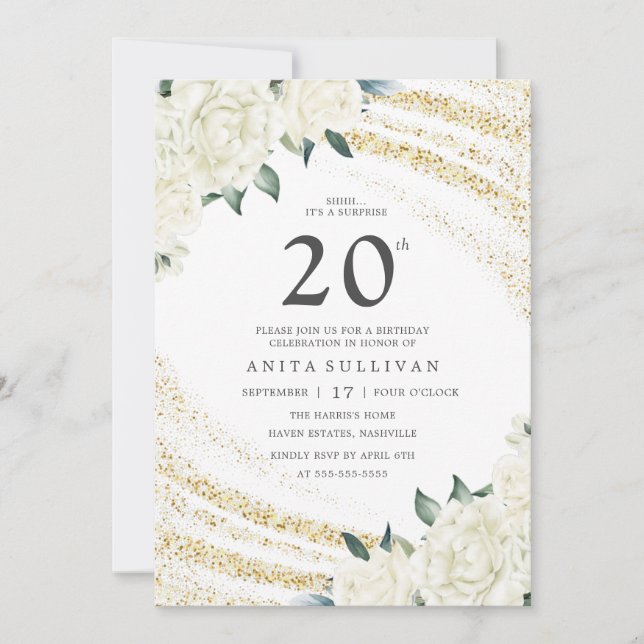 Invitación Purpurina de oro Floral Blanca Veinte cumpleaños (Anverso)