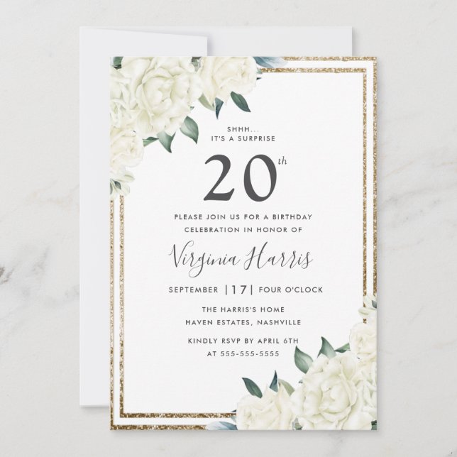 Invitación Purpurina de oro Floral Blanca Veinte cumpleaños (Anverso)