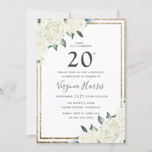 Invitación Purpurina de oro Floral Blanca Veinte cumpleaños