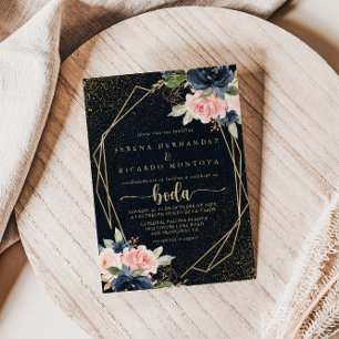 Invitación Purpurina de oro floral Boda español geométrico