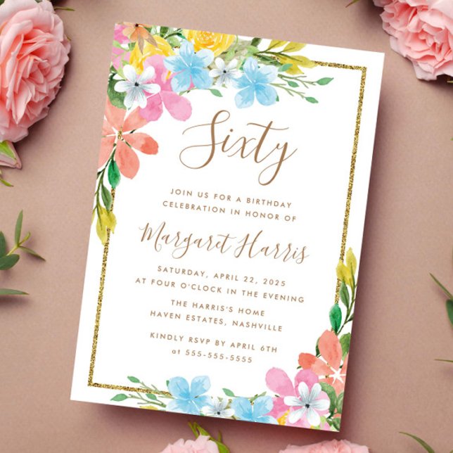 Invitación Purpurina de oro floral borde 60 cumpleaños (Subido por el creador)