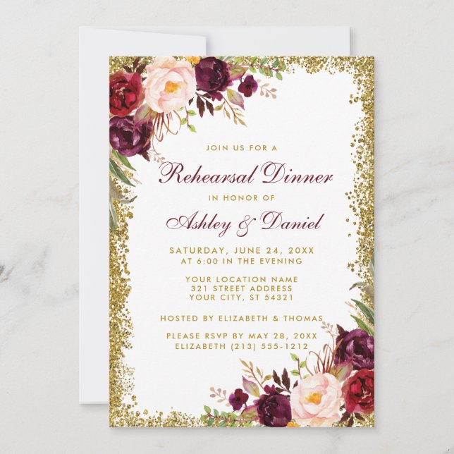 Invitación Purpurina de oro floral de Borgoña Ensayo Cena (Anverso)