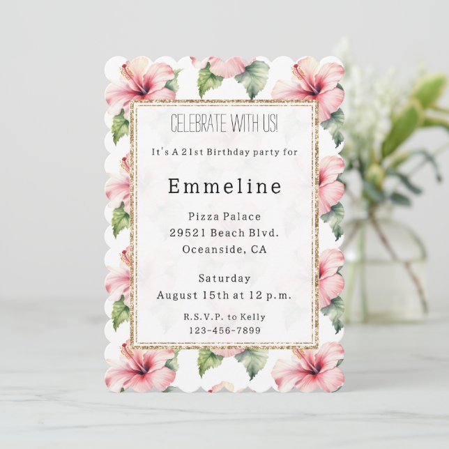 Invitación Purpurina de oro floral de Hibiscus Tropical Rosa (Anverso de pie)