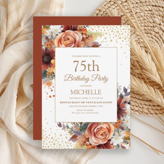 Invitación Purpurina de Oro Floral de Otoño 75º cumpleaños (Rustic autumn floral, burnt orange and terracotta watercolor floral 75th birthday party invitation)