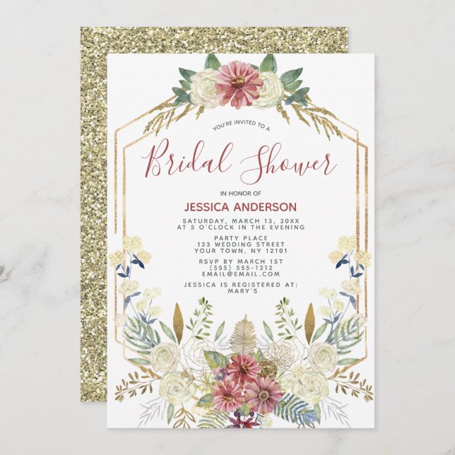 Invitación Purpurina de oro floral ducha de novia geométrica (Anverso / Reverso)