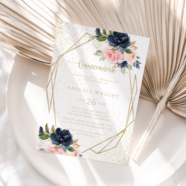 Invitación Purpurina de oro floral Geométrico Quinceañera (Subido por el creador)