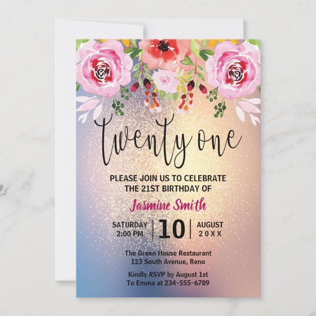 Invitación Purpurina de oro floral moderno 21º cumpleaños (Anverso)