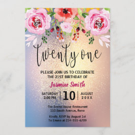Invitación Purpurina de oro floral moderno 21º cumpleaños