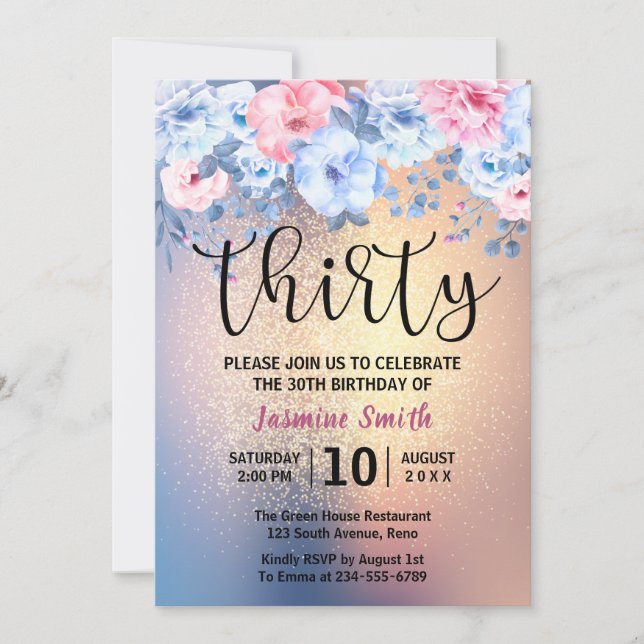 Invitación Purpurina de oro floral moderno 30 cumpleaños (Anverso)