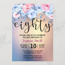 Invitación Purpurina de oro floral moderno 80 cumpleaños