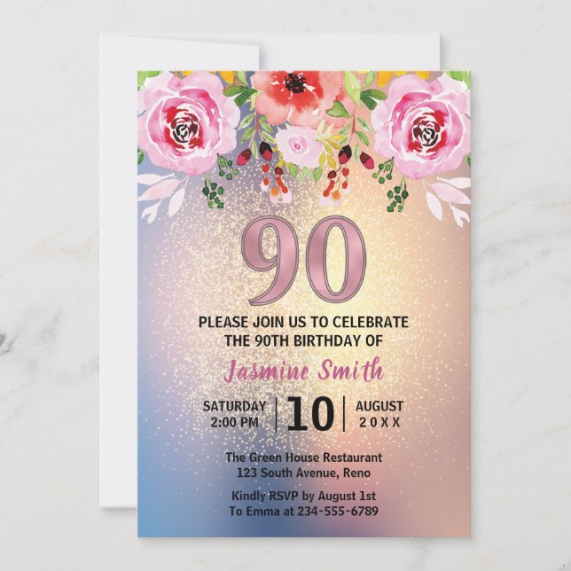 Invitación Purpurina de oro floral moderno 90 cumpleaños (Anverso)