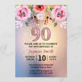 Invitación Purpurina de oro floral moderno 90 cumpleaños