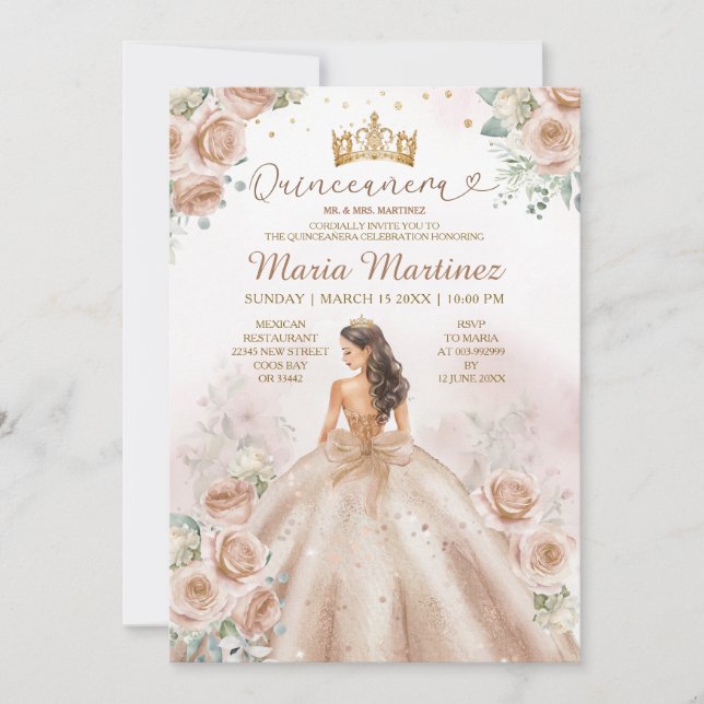 Invitación Purpurina de oro floral Quinceañera (Anverso)