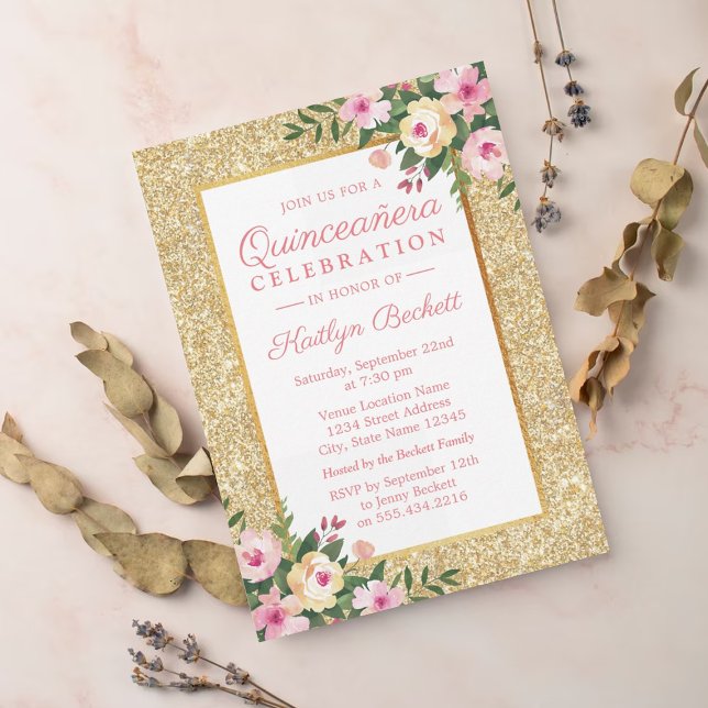 Invitación Purpurina de Oro Floral Quinceañera 15º cumpleaños (Subido por el creador)