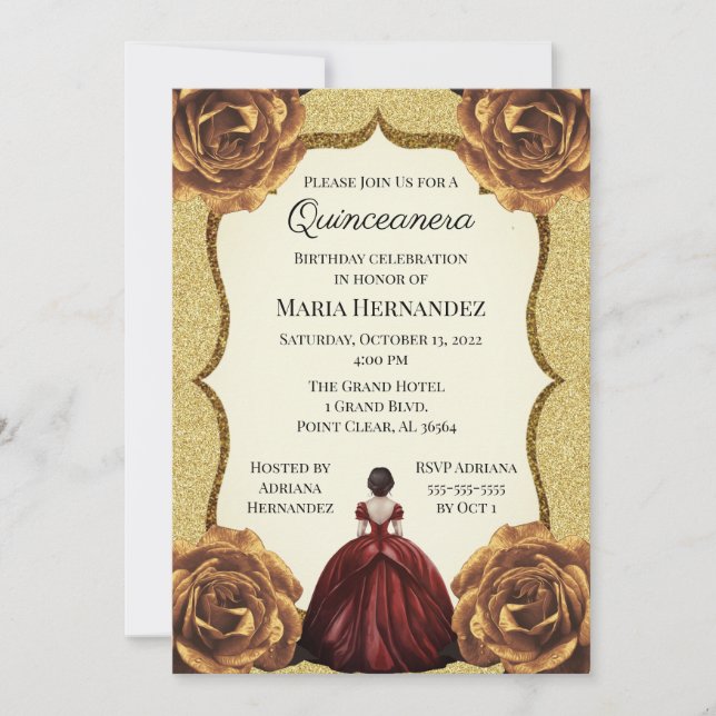 Invitación Purpurina de oro Floral Quinceanera Cumpleaños (Anverso)