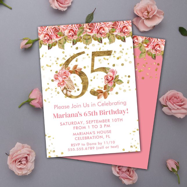 Invitación Purpurina de Oro Floral Rosa 65ª fiesta de cumplea (Subido por el creador)