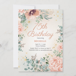 Invitación Purpurina de Oro Floral Rosa 75º cumpleaños