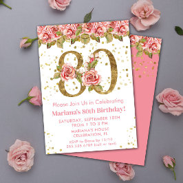 Invitación Purpurina de Oro Floral Rosa 80º cumpleaños
