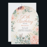 Invitación Purpurina de Oro Floral Rosa 90th Arch Shaped Cump<br><div class="desc">acuarela color de primavera rosa bonito floral y hojas verdes 90ª invitación de fiesta de cumpleaños en forma de arco con purpurina de oro. El texto es un tipo de letra de guión elegante. Contáctame para obtener ayuda sobre la personalización o para solicitar la correspondencia o coordinación de los productos...</div>