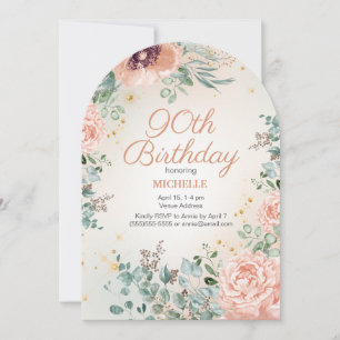 Invitación Purpurina de Oro Floral Rosa 90th Arch Shaped Cump