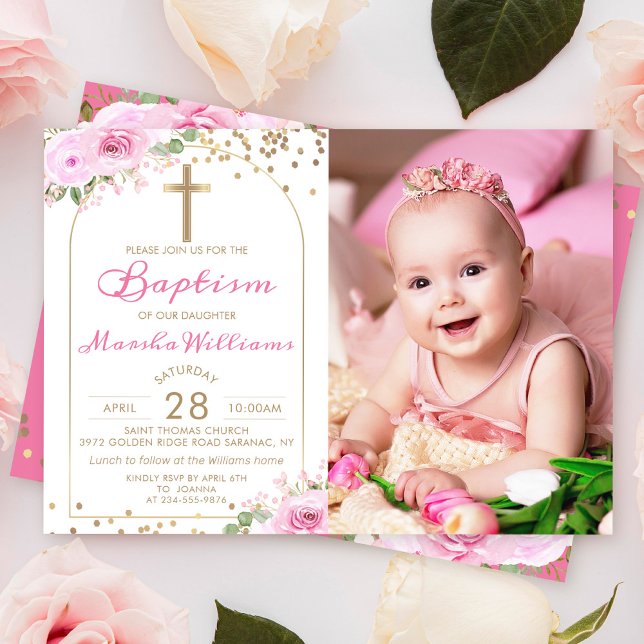 Invitación Purpurina de oro floral rosa arco Chica Bautismo F (Subido por el creador)