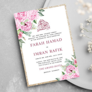 Invitación Purpurina de oro floral rosa Boda musulmana islámi