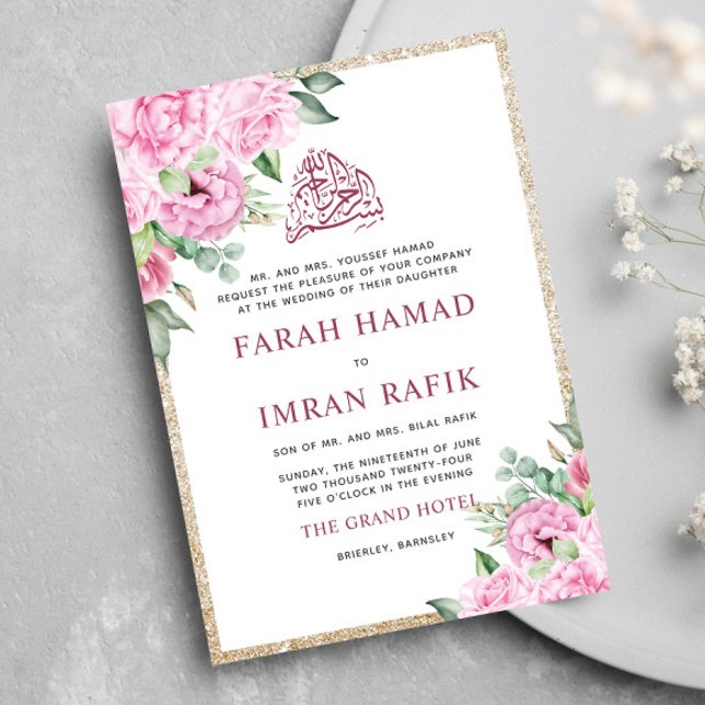 Invitación Purpurina de oro floral rosa Boda musulmana islámi (Subido por el creador)