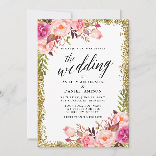 Invitación Purpurina de oro floral rosa de caligrafía boda (Anverso)