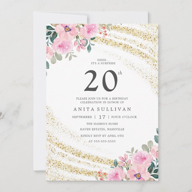 Invitación Purpurina de oro Floral Rosa Veinte cumpleaños (Anverso)