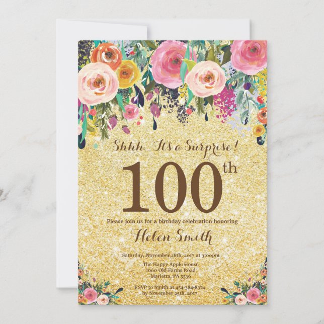 Invitación Purpurina de oro Floral Sorpresa 100 cumpleaños (Anverso)