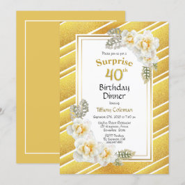 Invitación Purpurina de oro Floral Sorpresa 40 cumpleaños cen