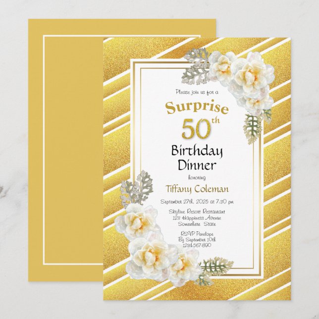 Invitación Purpurina de oro Floral Sorpresa 50 cumpleaños cen (Anverso / Reverso)
