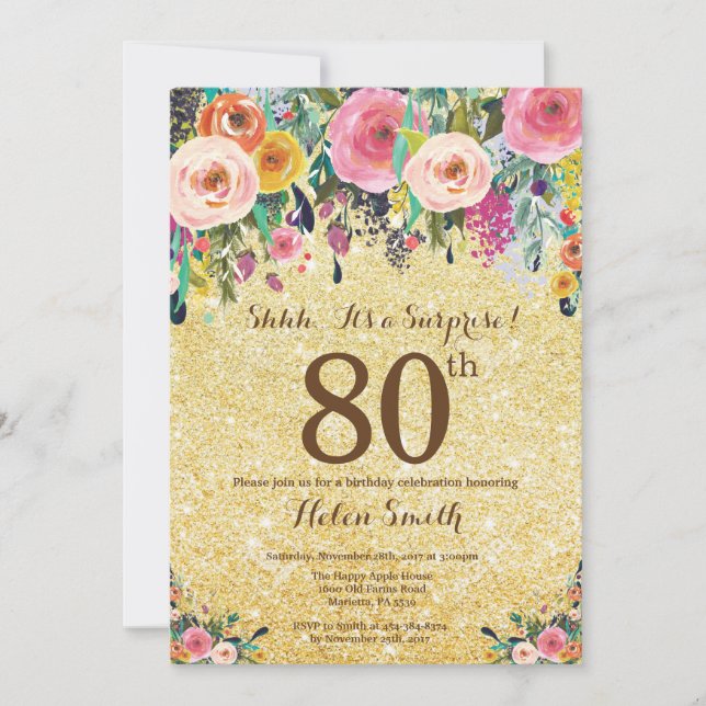Invitación Purpurina de oro Floral Sorpresa 80 cumpleaños (Anverso)