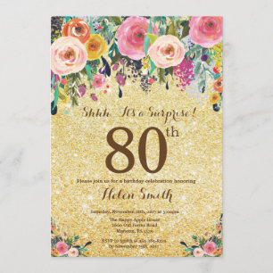 Invitación Purpurina de oro Floral Sorpresa 80 cumpleaños