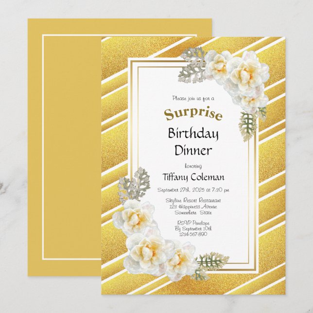 Invitación Purpurina de oro Floral Surprise (Anverso / Reverso)