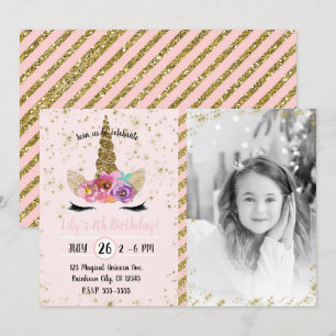 Invitación Purpurina de oro Floral Unicorn Horn Foto de cumpl