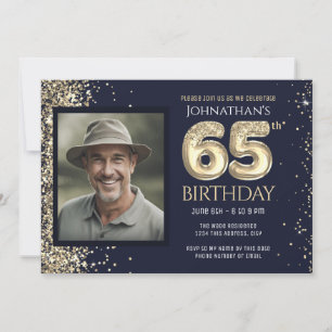 Invitación Purpurina de oro Foto azul 65ª fiesta de cumpleaño