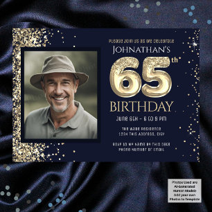 Invitación Purpurina de oro Foto azul 65ª fiesta de cumpleaño
